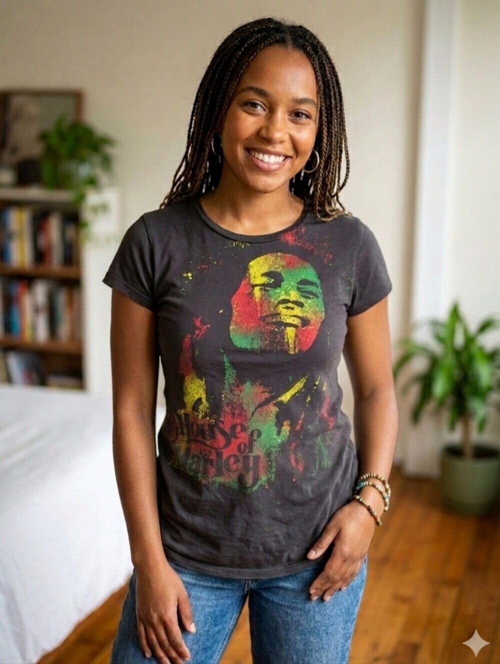 Rare BOB MARLEY "House Of Marley" Woman's Fitted Black Tee Rasta Portrait Sz XL